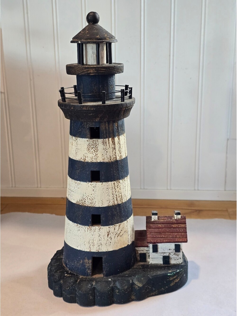 Vtg Rustic Wooden Lighthouse Figurine with Striped Design and Miniature House